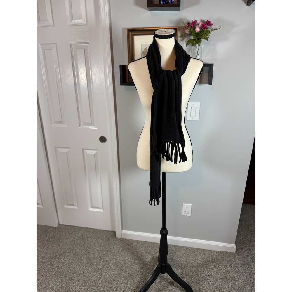 Solid Black Knit Scarf with Fringe Trim Soft Winter Wrap Accessory 62" Long